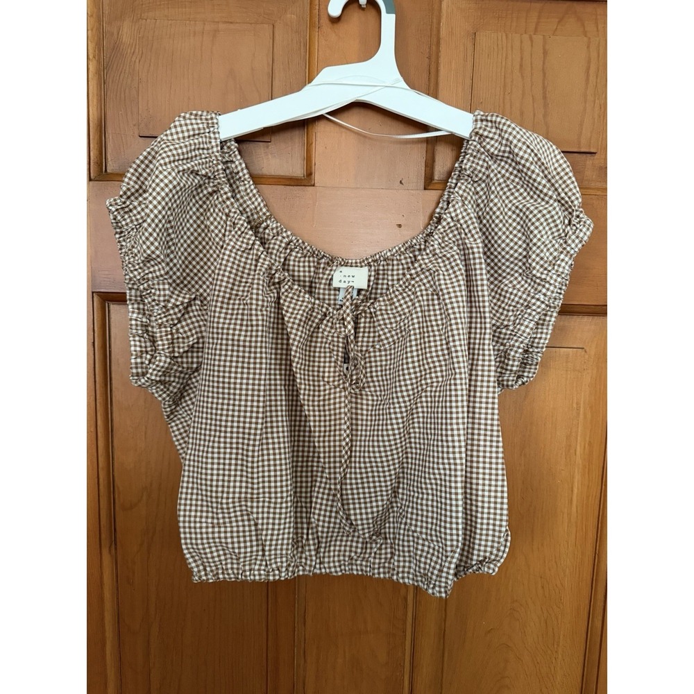 Women's A New Day Brown & White Gingham Blouse Puff Sleeves Size Medium NWT
